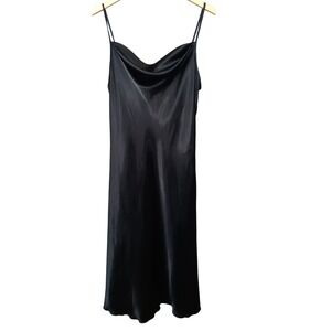Bebe Women's Black Satin Cowl Neck Slip Midi Dress Size L Y2K 90s Silky Whimsy‎